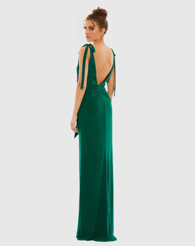 V-neck sleeveless bow-tie strap backless floor-length evening dress