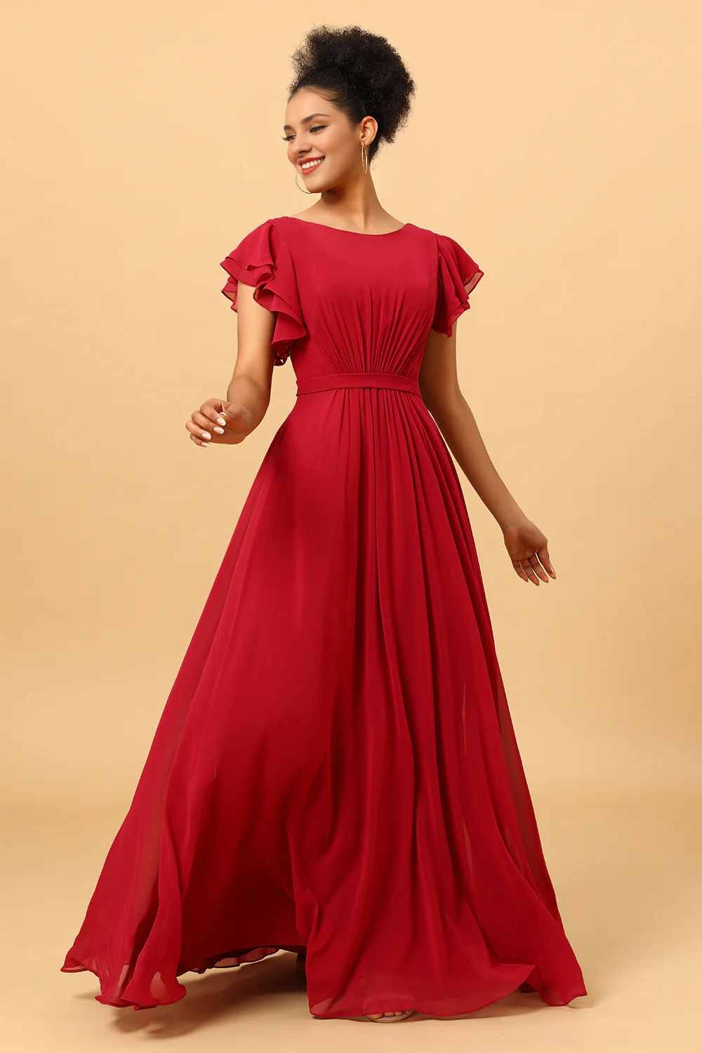 Wine red ruffled pleated long chiffon bridesmaid dress