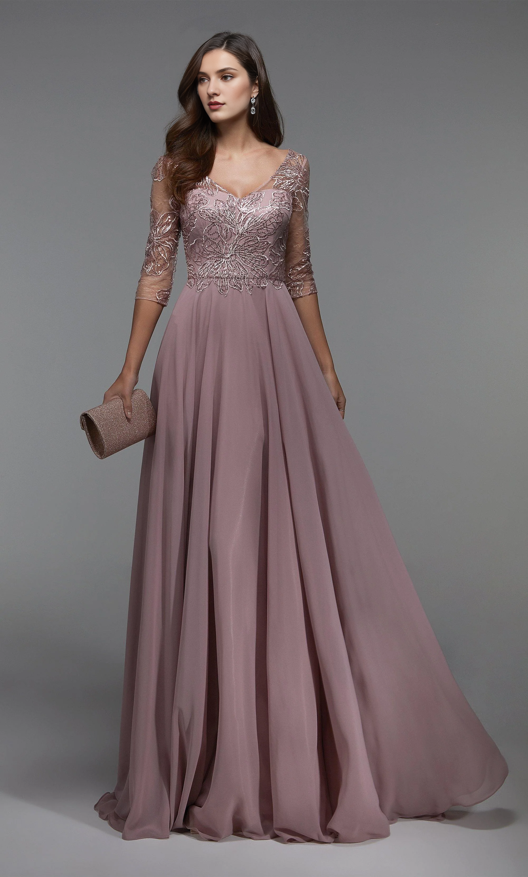 Chiffon lace illusion collar flowing formal long style mothers of the bride dresses