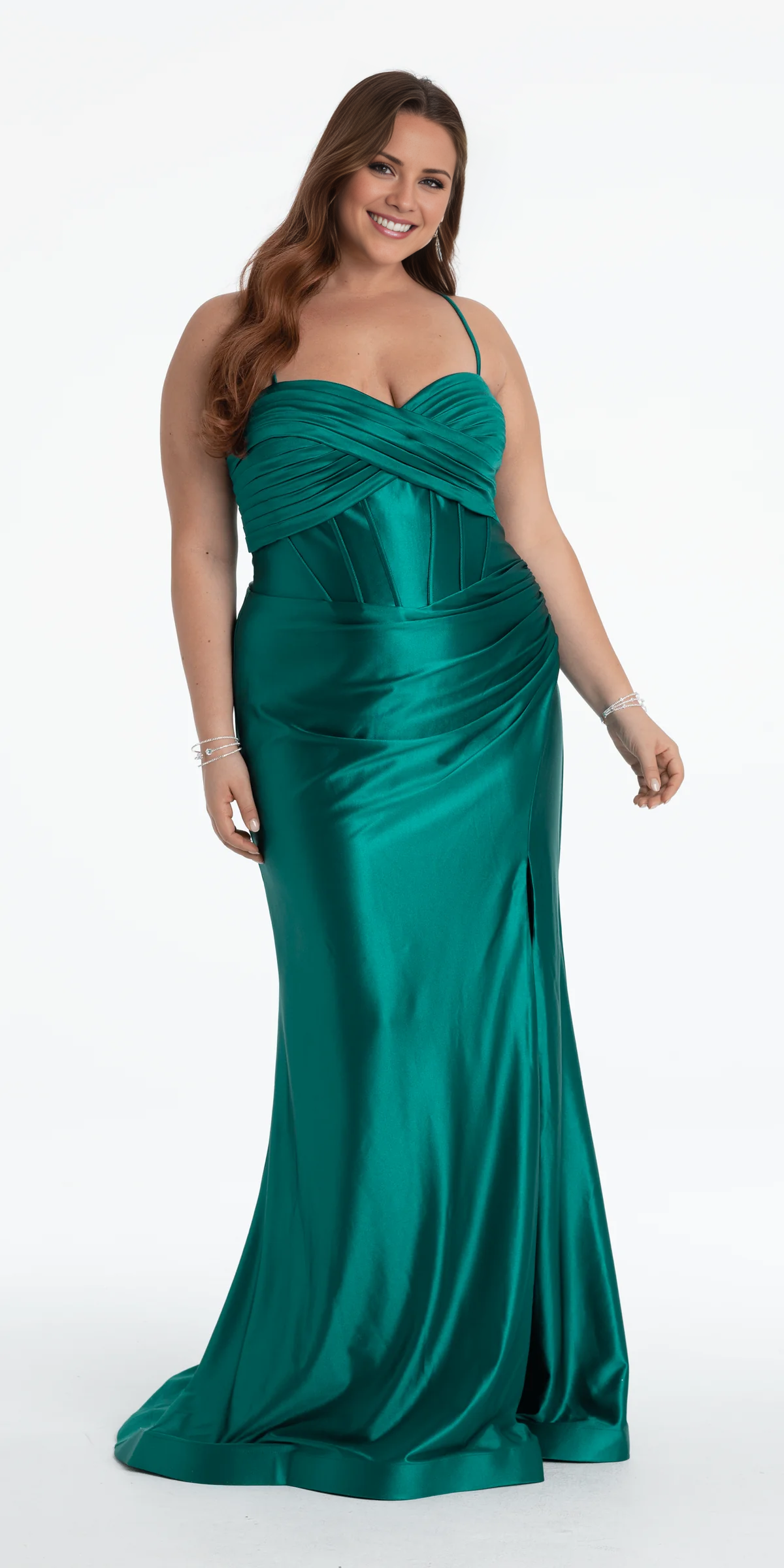 Jimiss off shoulder satin thin shoulder strap tight corset and floor length Prom dress