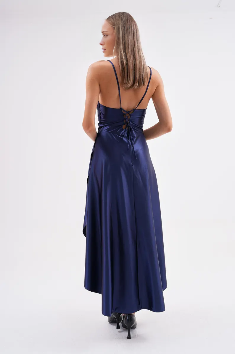 Jimiss - satin pleated thin shoulder strap backless long Prom dress