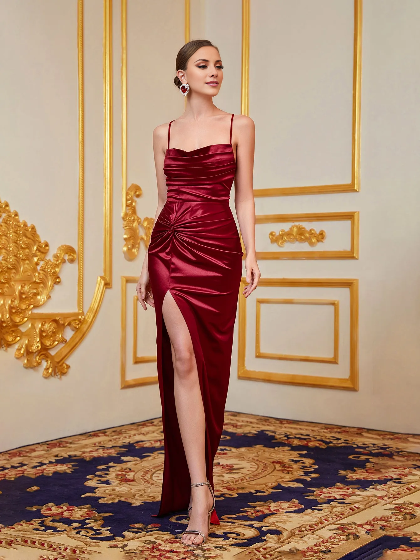 Off shoulder thin shoulder strap satin front slit and floor length formal dress