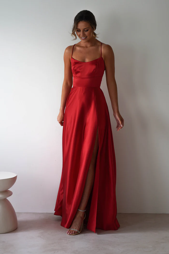 Thin shoulder strap square collar exposed back side slit and floor length Prom Dress - Jimiss Dress