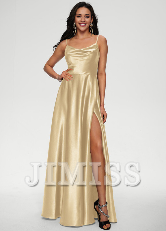A-line draped floor-length satin prom dress