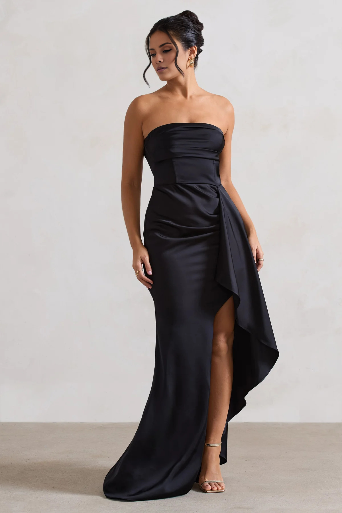 Lotus leaf edge hanging black satin strapless slit and floor length evening dress - Jimiss dress