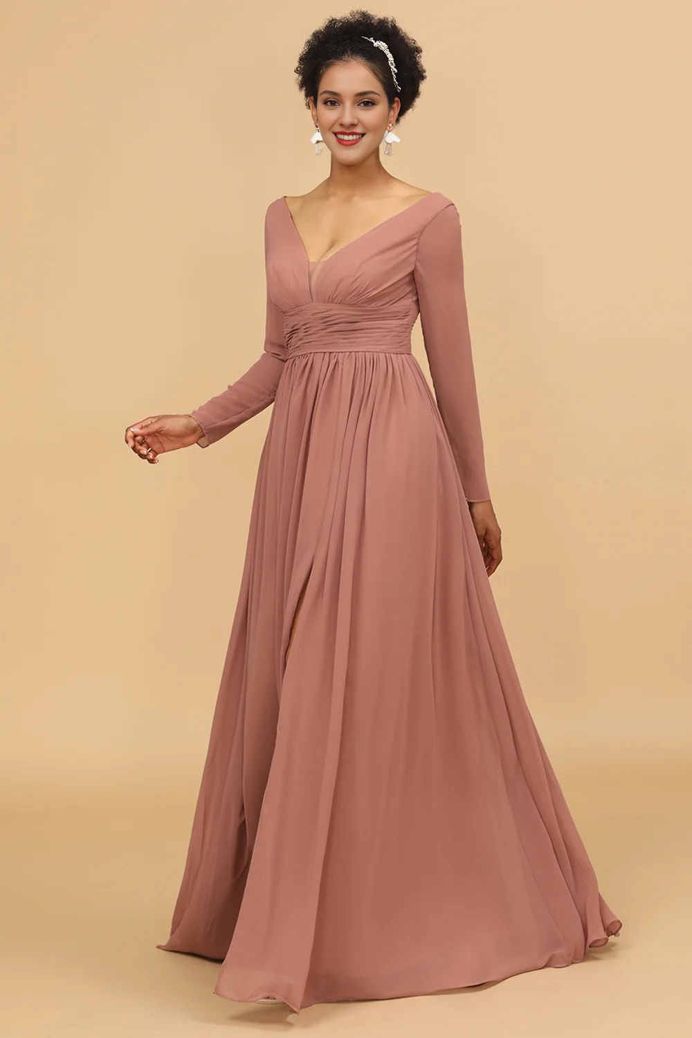 Pink V-neck long sleeved slit chiffon bridesmaid dress