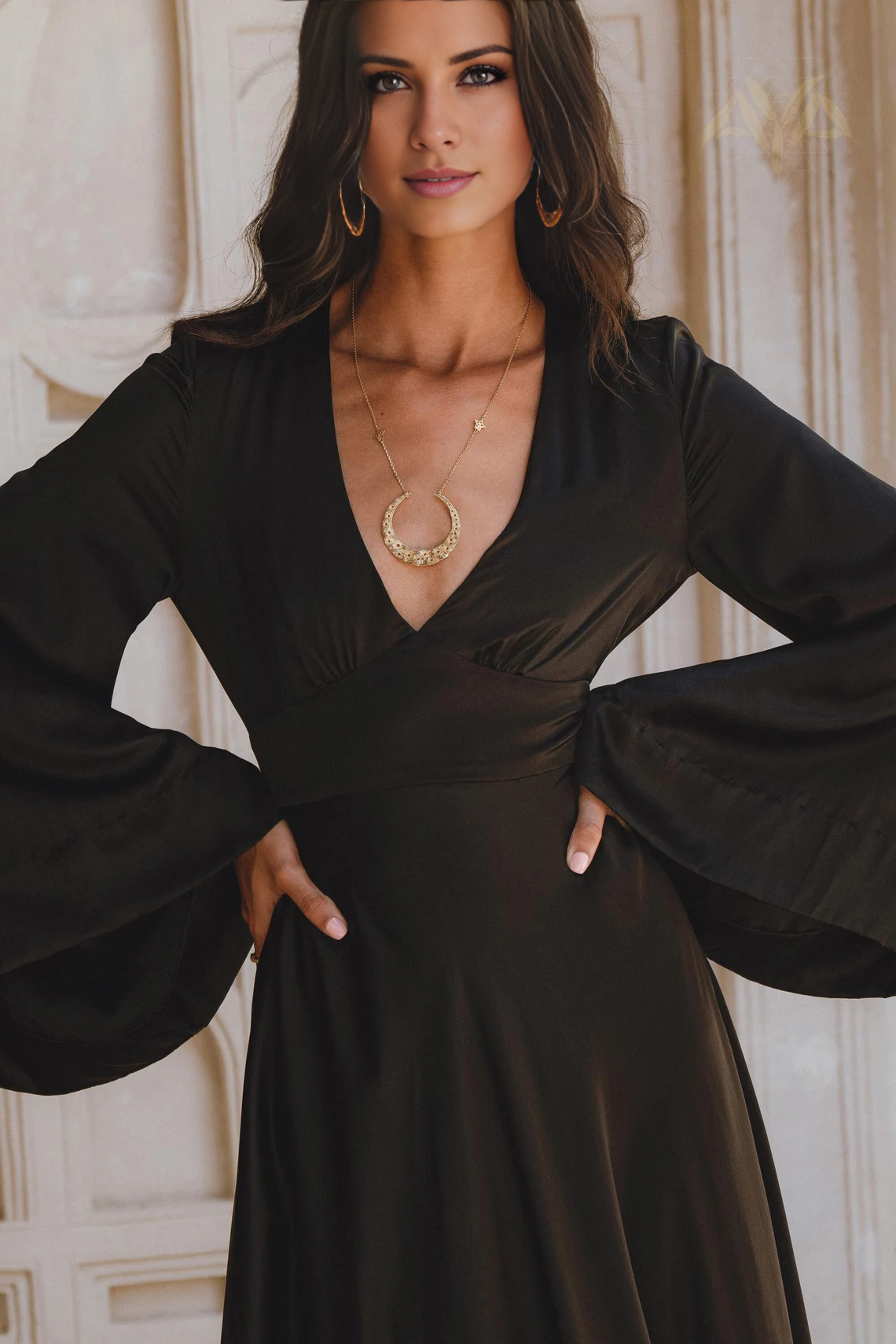 Jimiss V-neck long sleeved backless and floor length evening dress