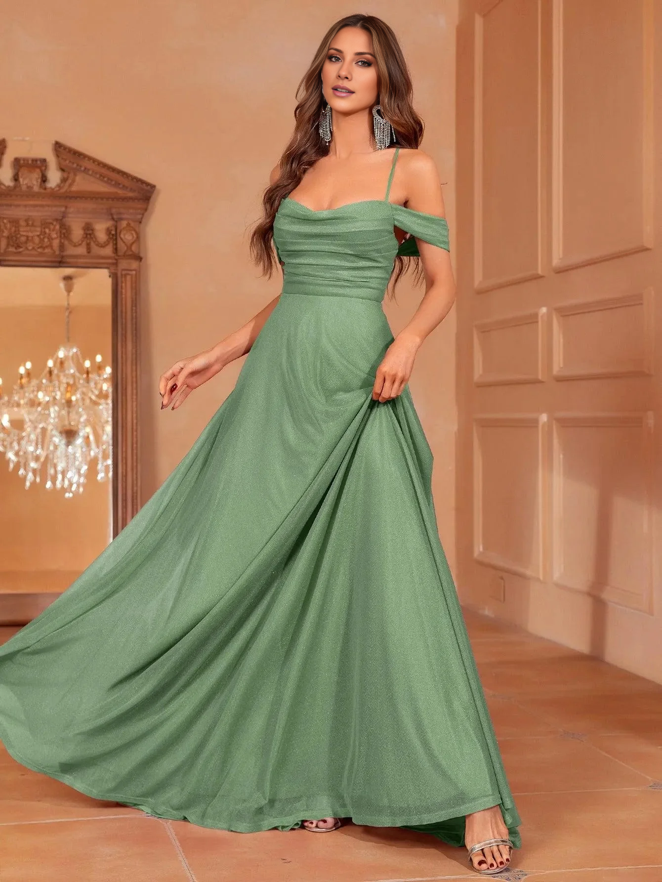 Front pleated lace up thin shoulder strap and floor length formal dress