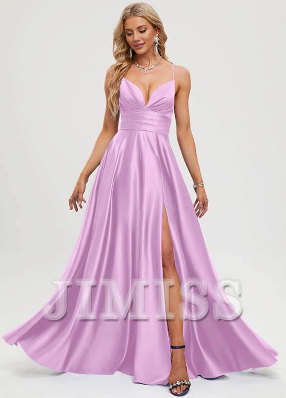 A-line V-neck pleated floor-length satin prom dress