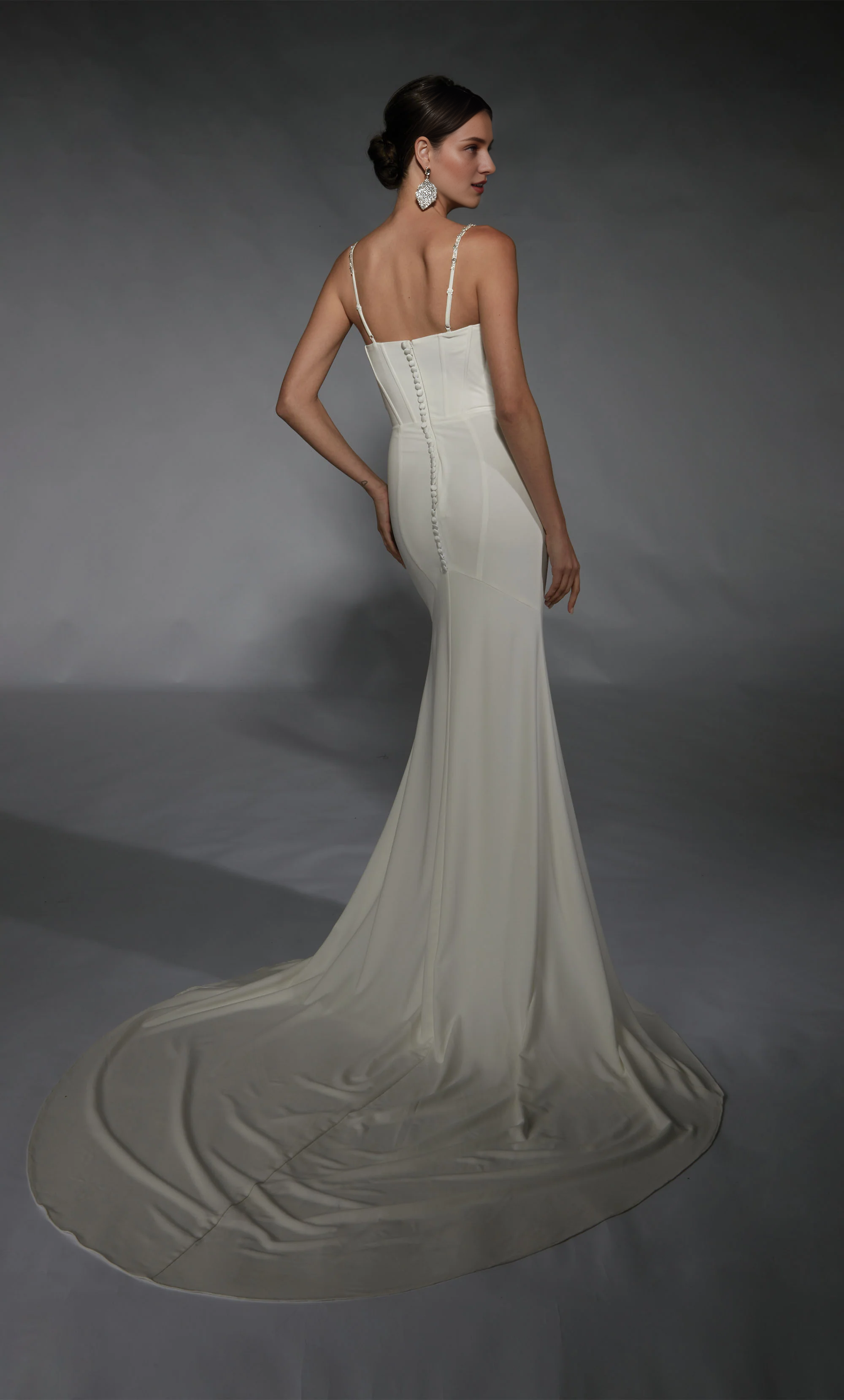 High neck straight tube backless tight corset with slit wedding dresses