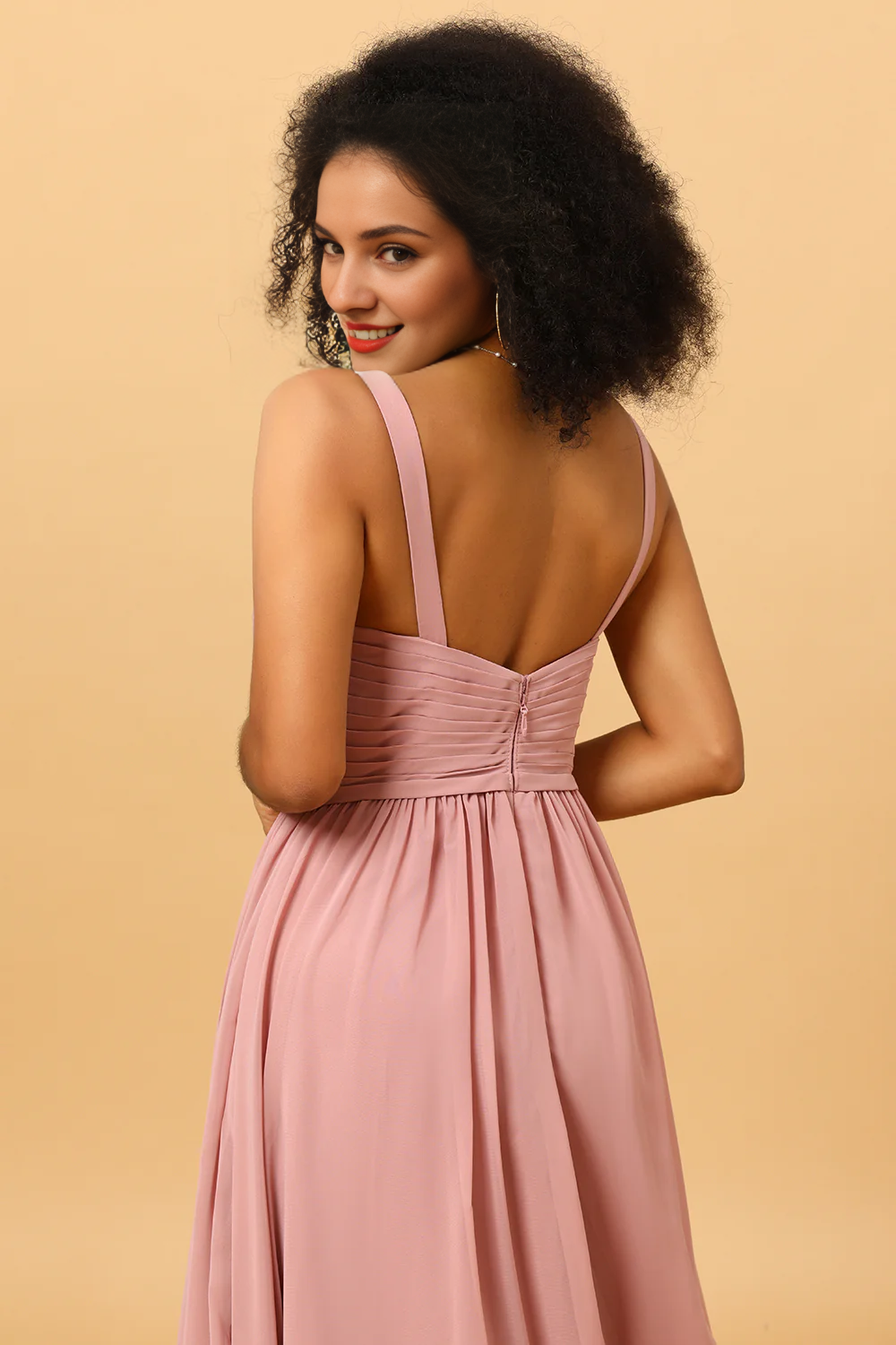 Pink backless side slit long chiffon bridesmaid dress
