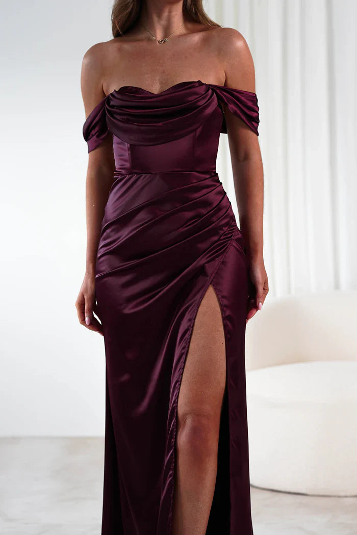 Off shoulder collar satin side slit backless and floor length Prom dress - Jimiss Dress