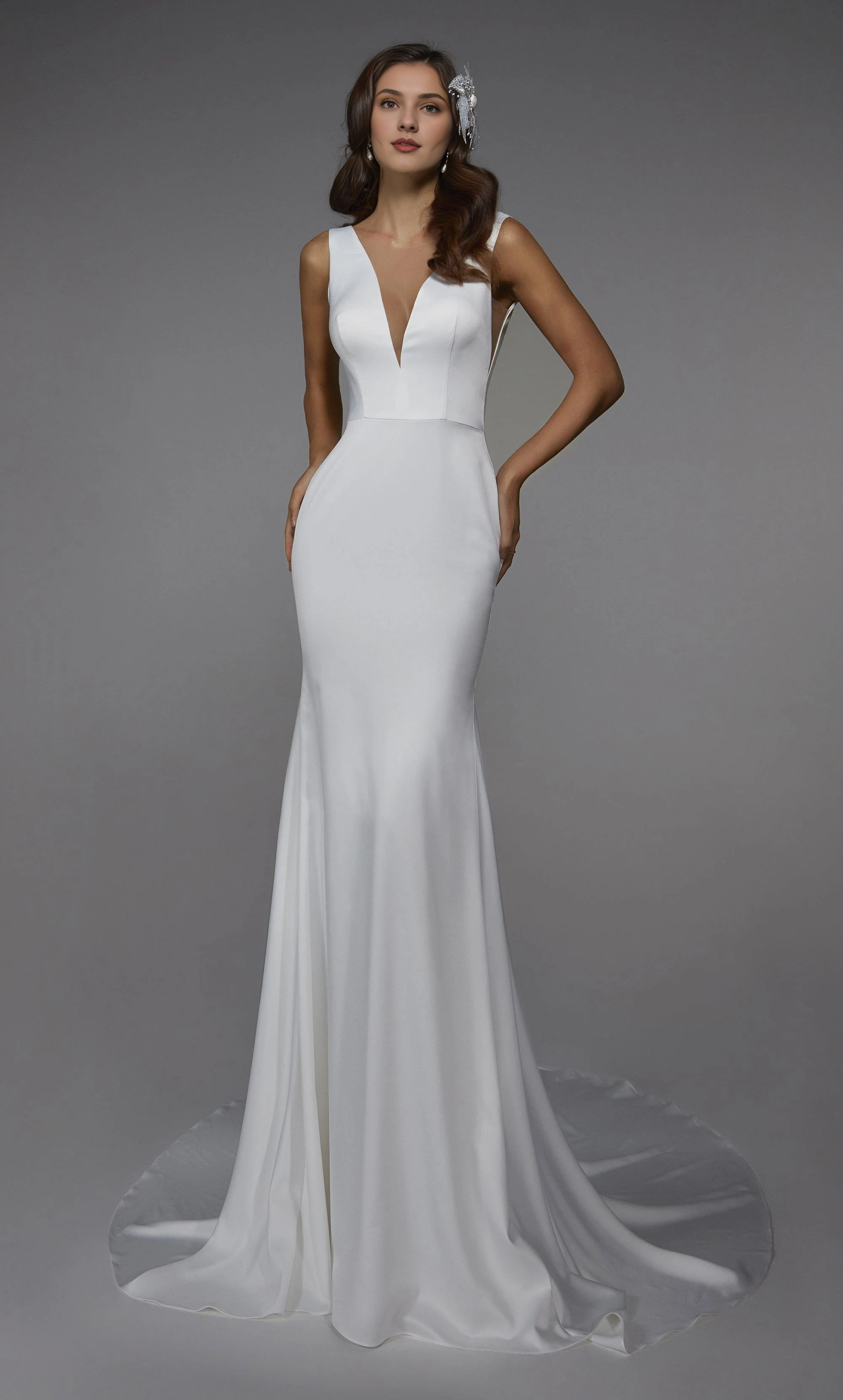 Perfect satin deep V-neck slim fit trumpet shaped deep V-strap satin button wedding dresses