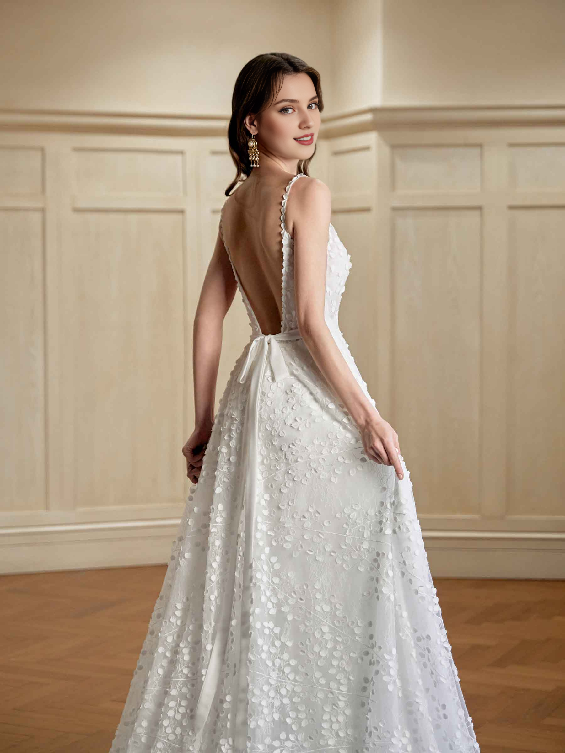 Grey white A-line thin shoulder strap V-neck extra long lace wedding dress