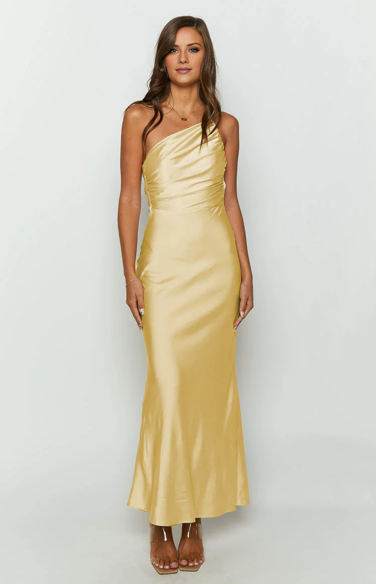 Jimiss asymmetrical neckline backless satin side slit long Prom dress