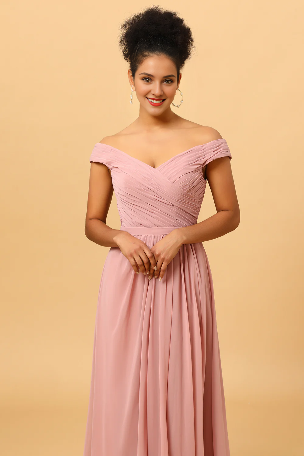 Grey rose pleated long slit chiffon bridesmaid dress