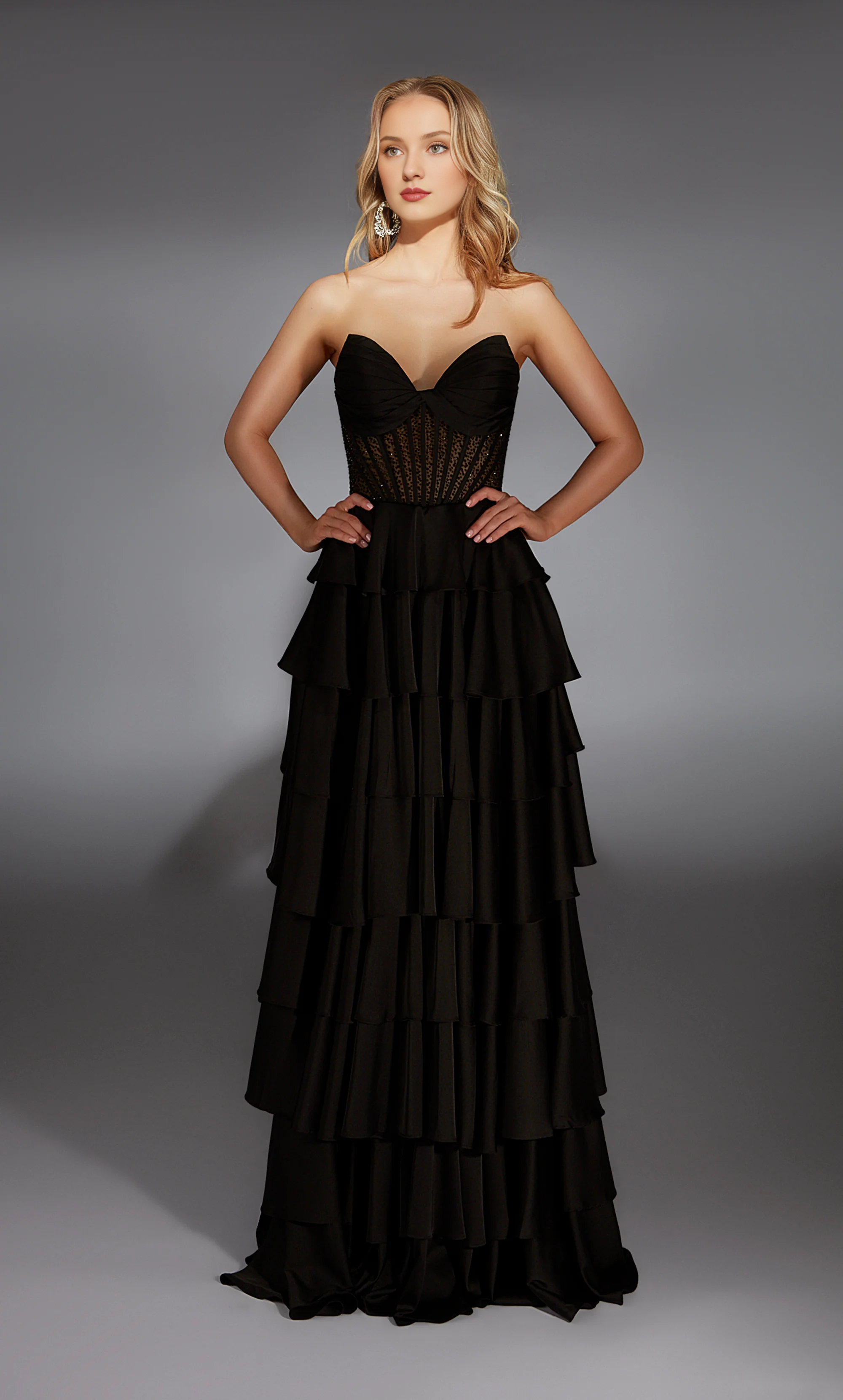 Satin chiffon strapless A-line evening gown backless tight corset ruffled skirt long formal dress