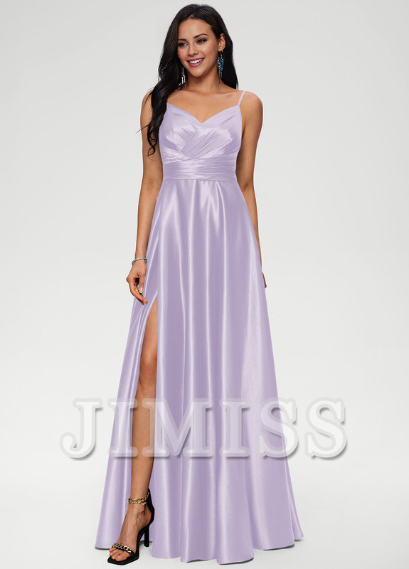 A-line V-neck floor-length satin prom dress