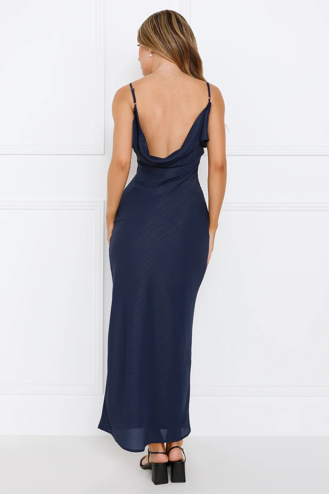 Jimiss scarf collar satin thin shoulder strap backless and floor length Prom dress