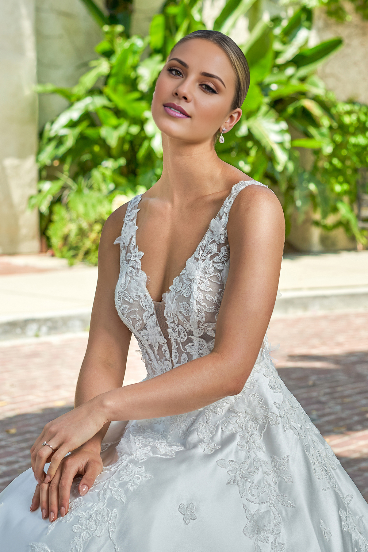 A-line satin deep V-neck 3D flower bead lace and floor length wedding dress