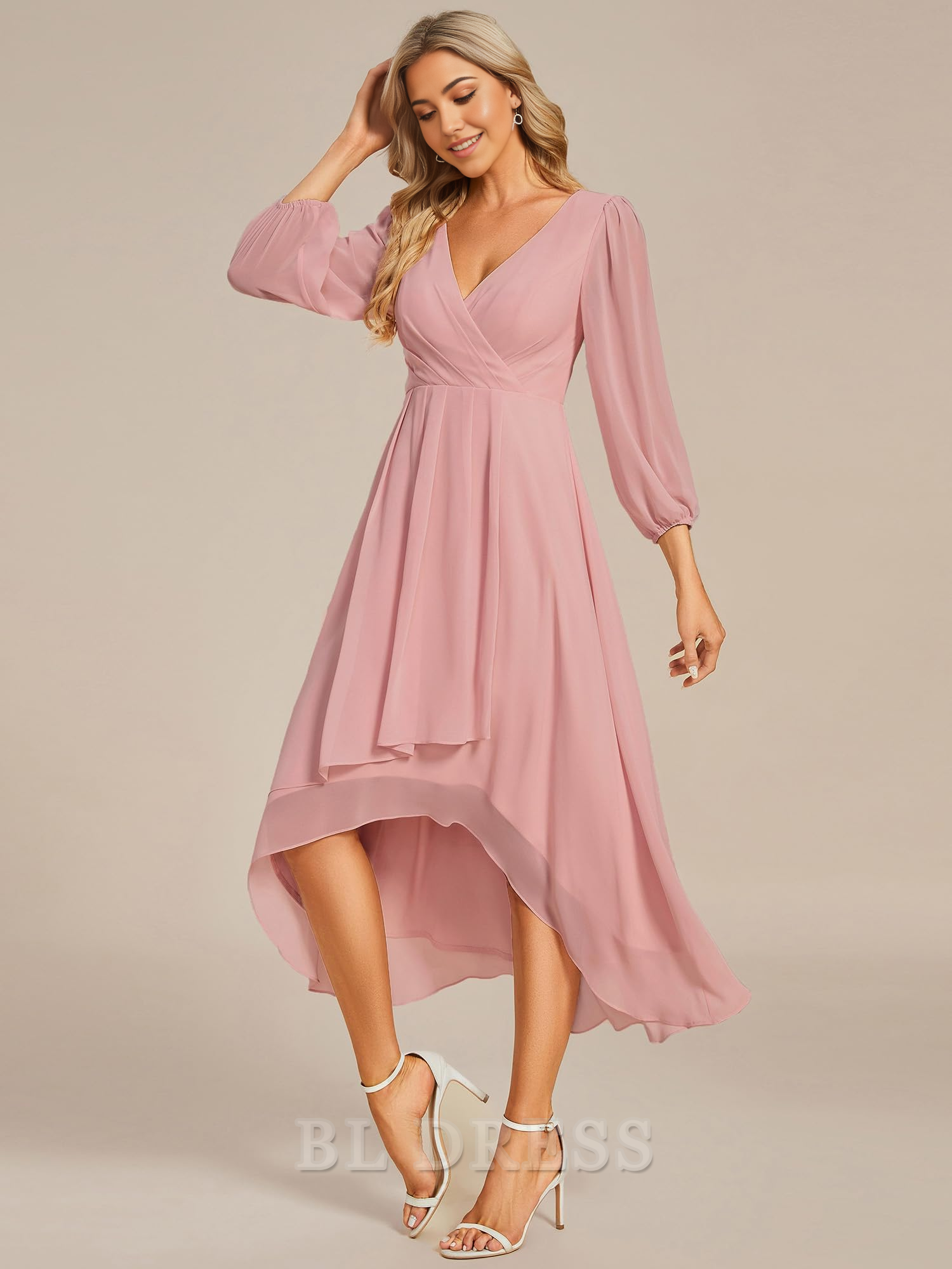 A-Line V Neck Chiffon Pleated Long Sleeves Midi Length formal dresses Bridesmaid Dresses evening gown Prom Dress