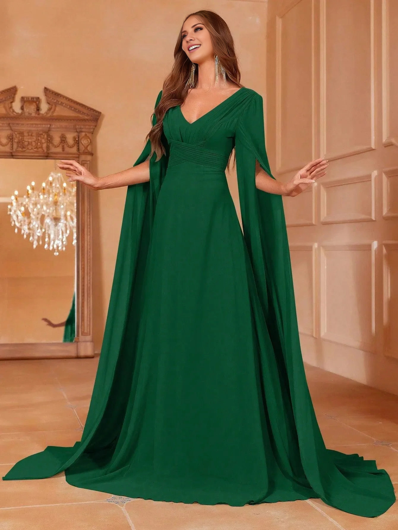 V-neck pleated exaggerated sleeves chiffon and floor length formal dress
