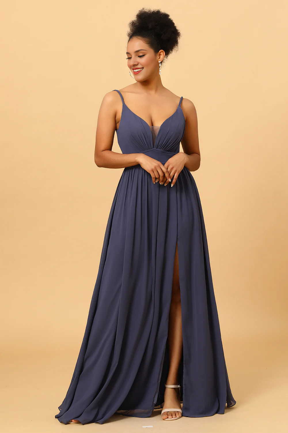 Pleated long slit chiffon bridesmaid dress