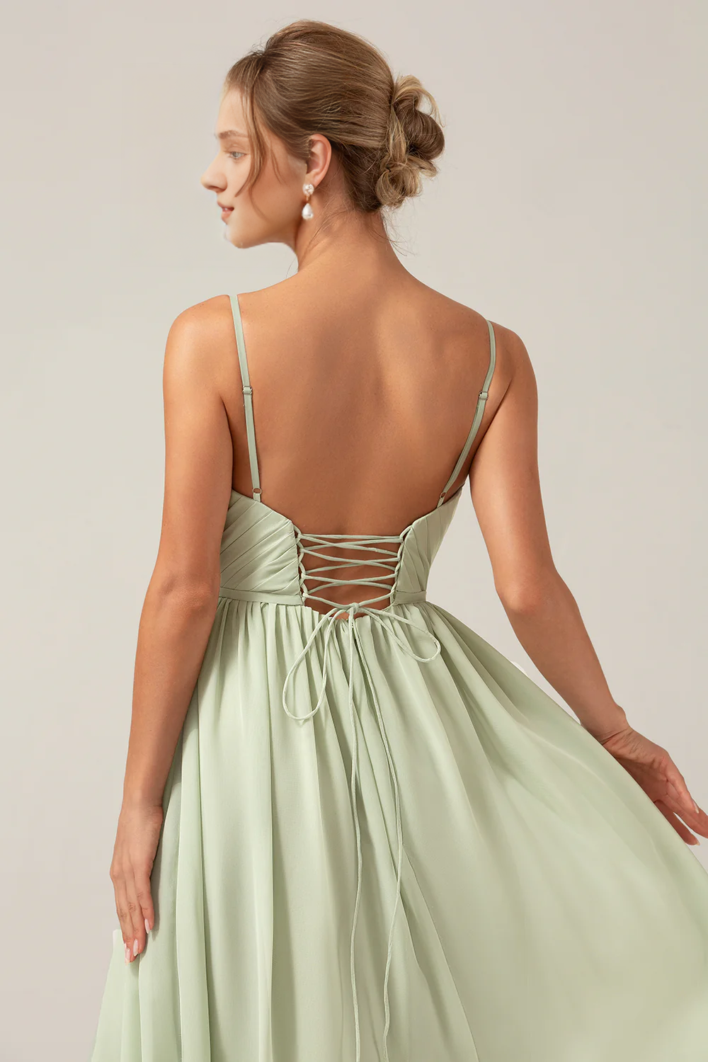 Dusty Sage A Line slim shoulder pleated bridesmaid dress