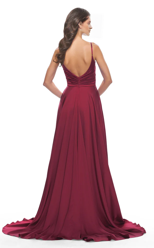 A-line V-neck sheer sleeveless thin shoulder strap with side slits and floor length Prom dress