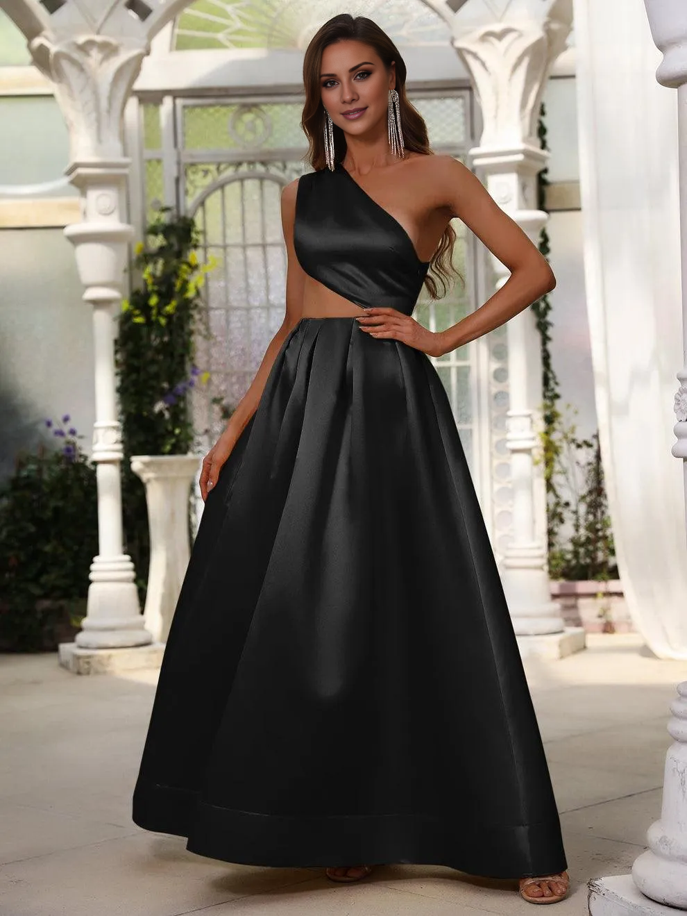One shoulder hollow satin and floor length formal dress