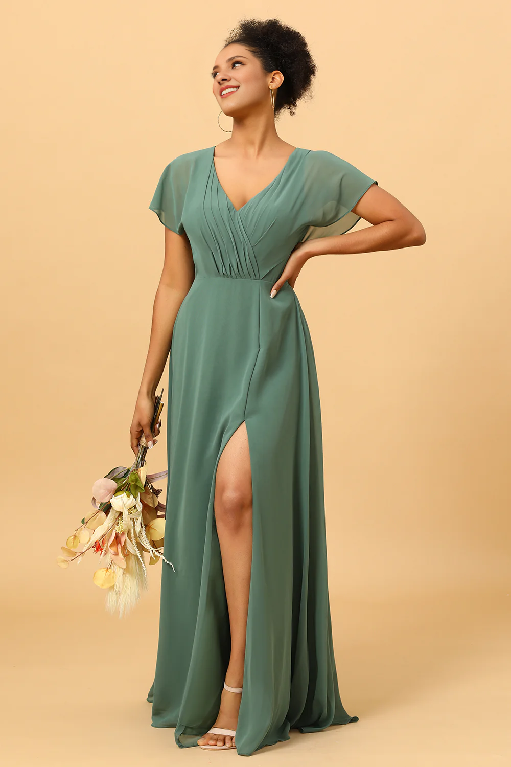 Eucalyptus A-line V-neck pleated long slit chiffon bridesmaid dress