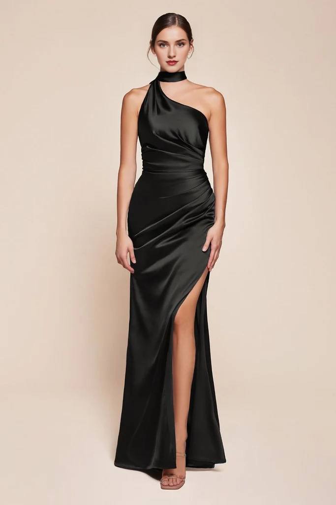 Luxury satin slim fit and floor length gown evening dresses on one shoulder