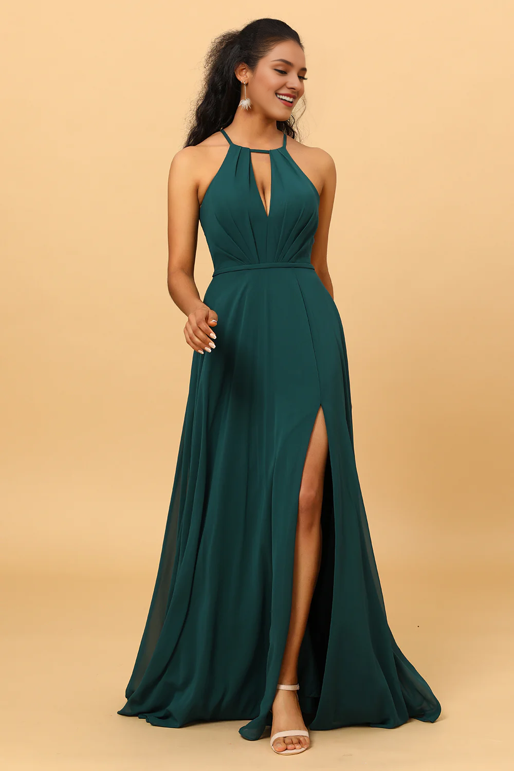 Pine A Line neck hanging sleeveless long chiffon slit bridesmaid dress