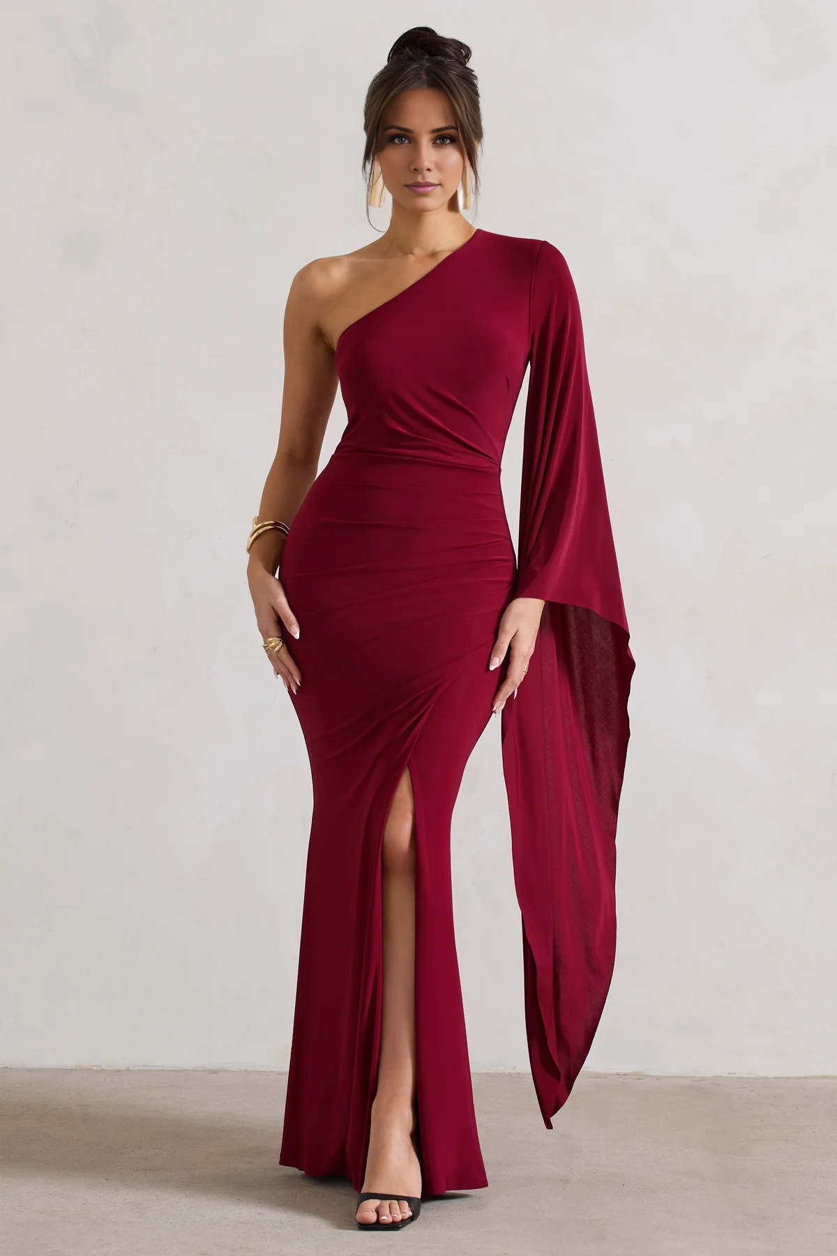 Ruffled One Shoulder Cloak Sleeve and Floor length Evening Dress - Jimiss Dress