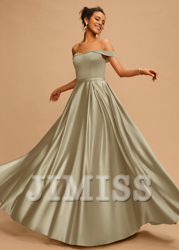 A-line off-the-shoulder floor-length satin prom dress