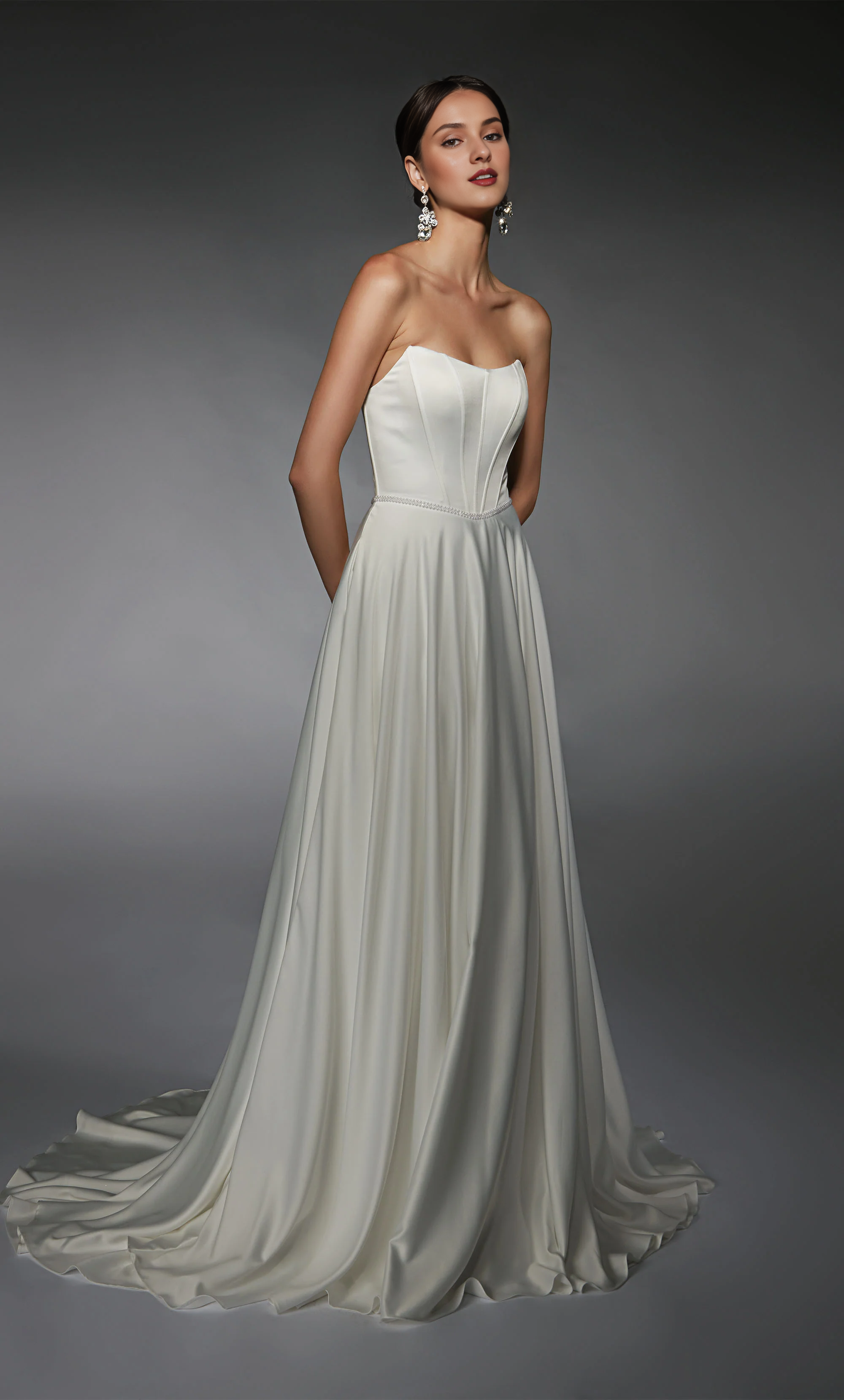 Perfect satin strapless A-line backless tight corset wedding dresses