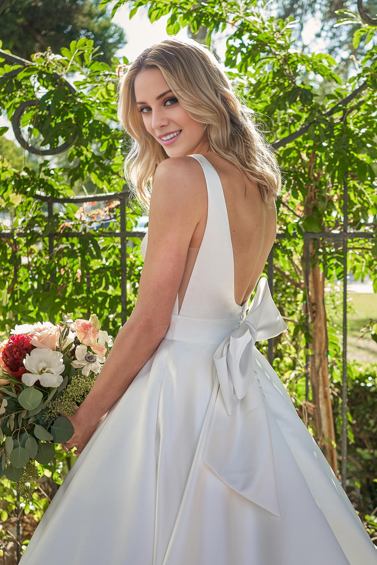 A-line satin square neck bow and floor length wedding dress