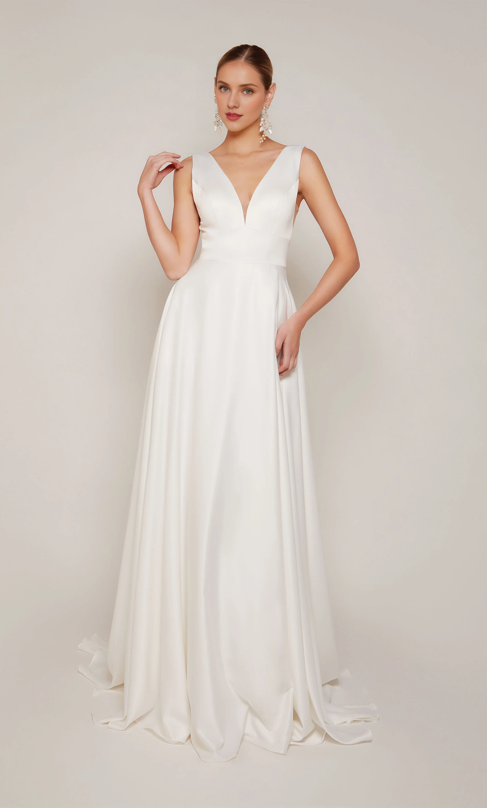 Perfect satin V-neck A-line V-shaped back satin button wedding dresses
