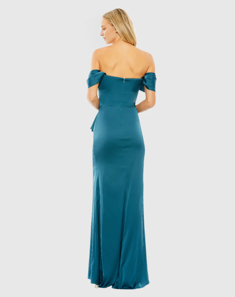 Off-the-shoulder corset with side slits floor-length evening dress