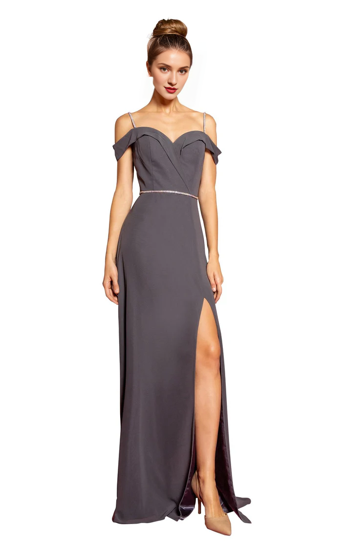 Off shoulder slim shoulder straps high slit tight fitting and floor length godons evening dresses