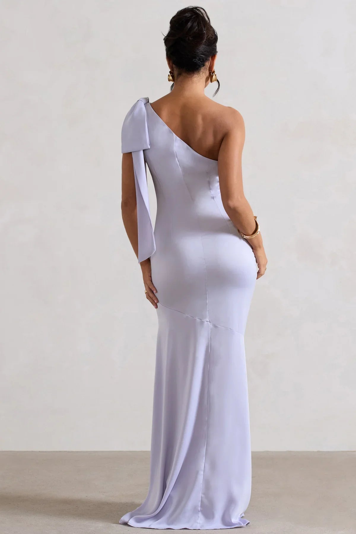 Asymmetric collar bow shoulder strap satin and floor length evening dress - Jimiss Dress