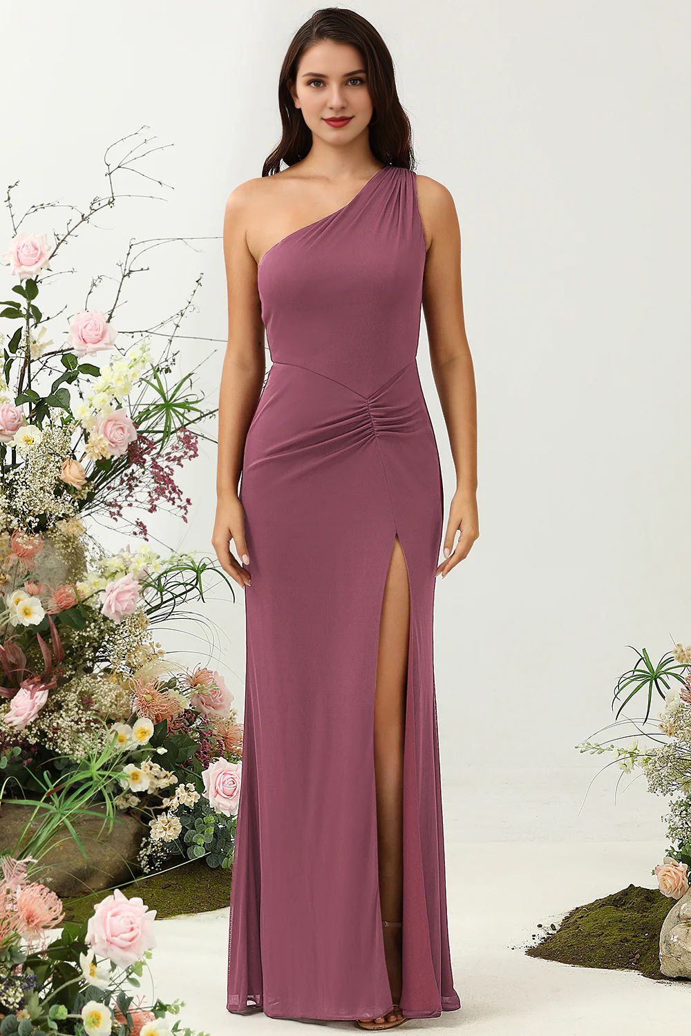 Desert Rose Tail One Shoulder Long Split Bridesmaid Dress