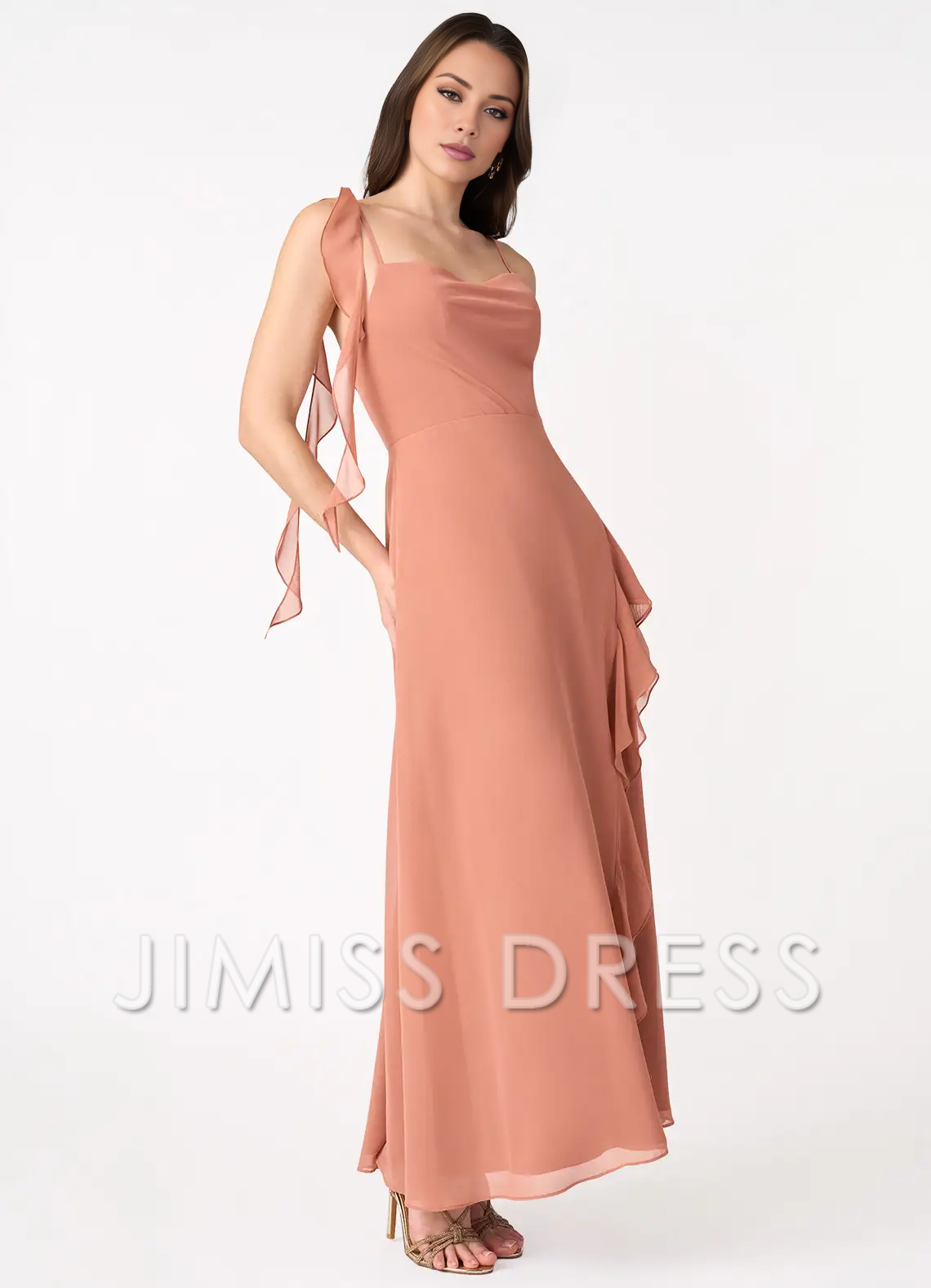 Jimiss slim shoulder chiffon asymmetrical ruffle edge side slit and floor length Prom dress