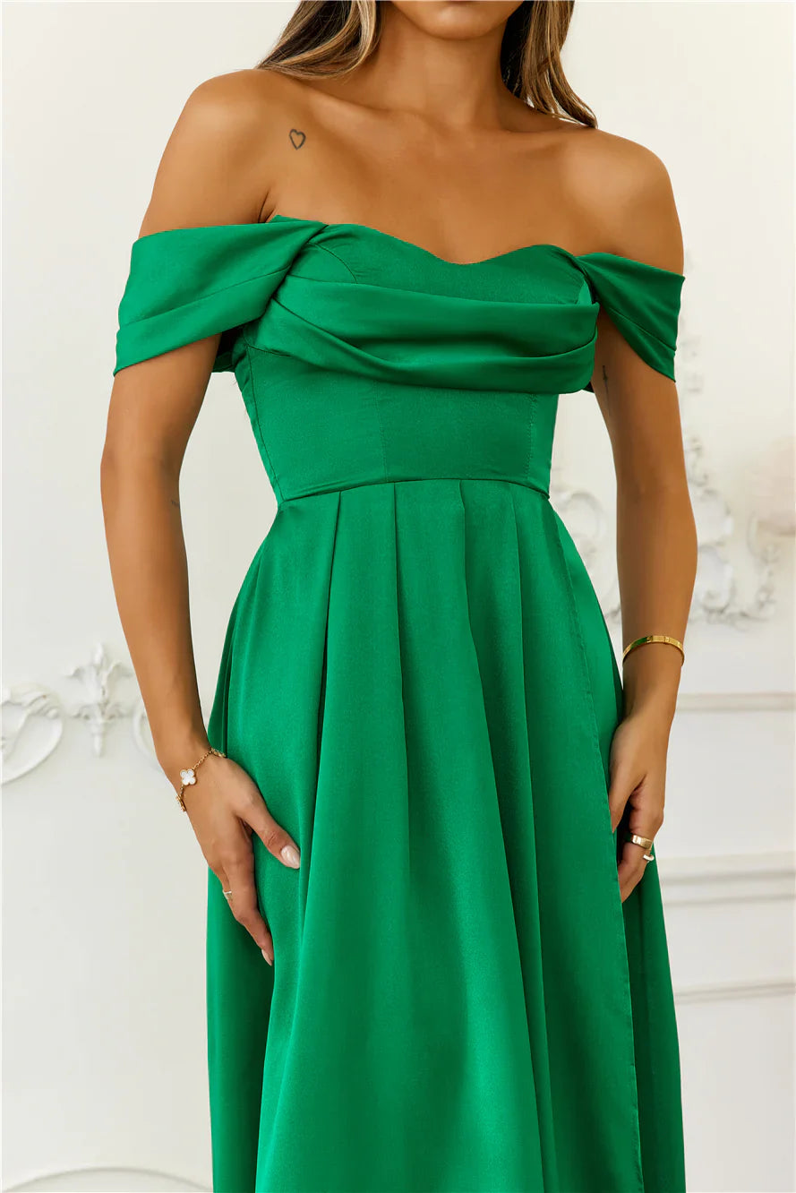 Jimiss Off Shoulder Satin Back Strap Long Prom Dress