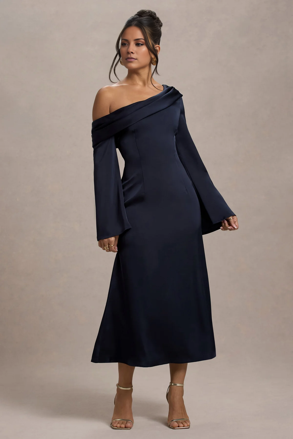 Satin asymmetrical flared sleeves and floor length evening dress - Jimiss dress