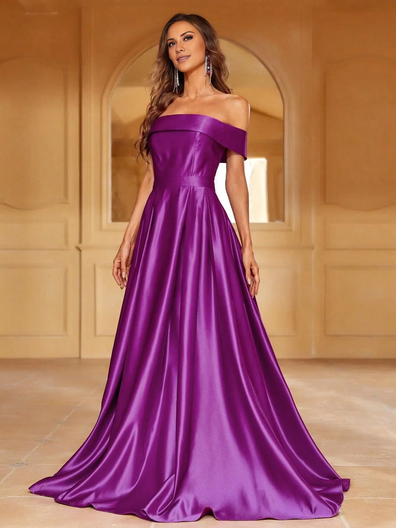 Off shoulder collar satin A-line backless and floor length formal dress