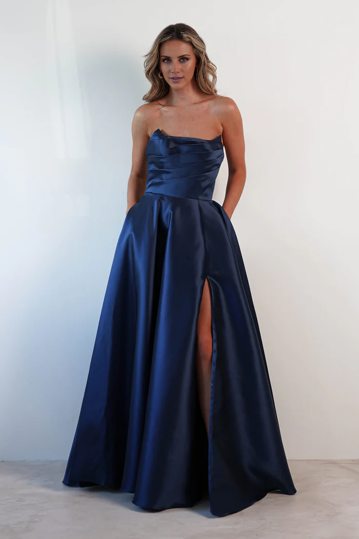 Off shoulder satin backless side slit long Prom dress - Jimiss Dress