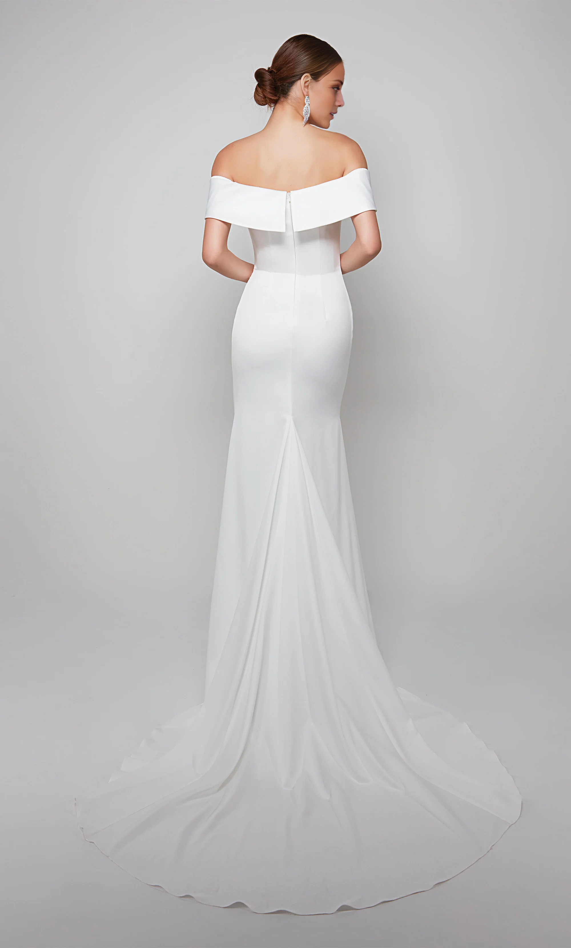 Perfect satin off shoulder straight tube backless side pleated wedding dress