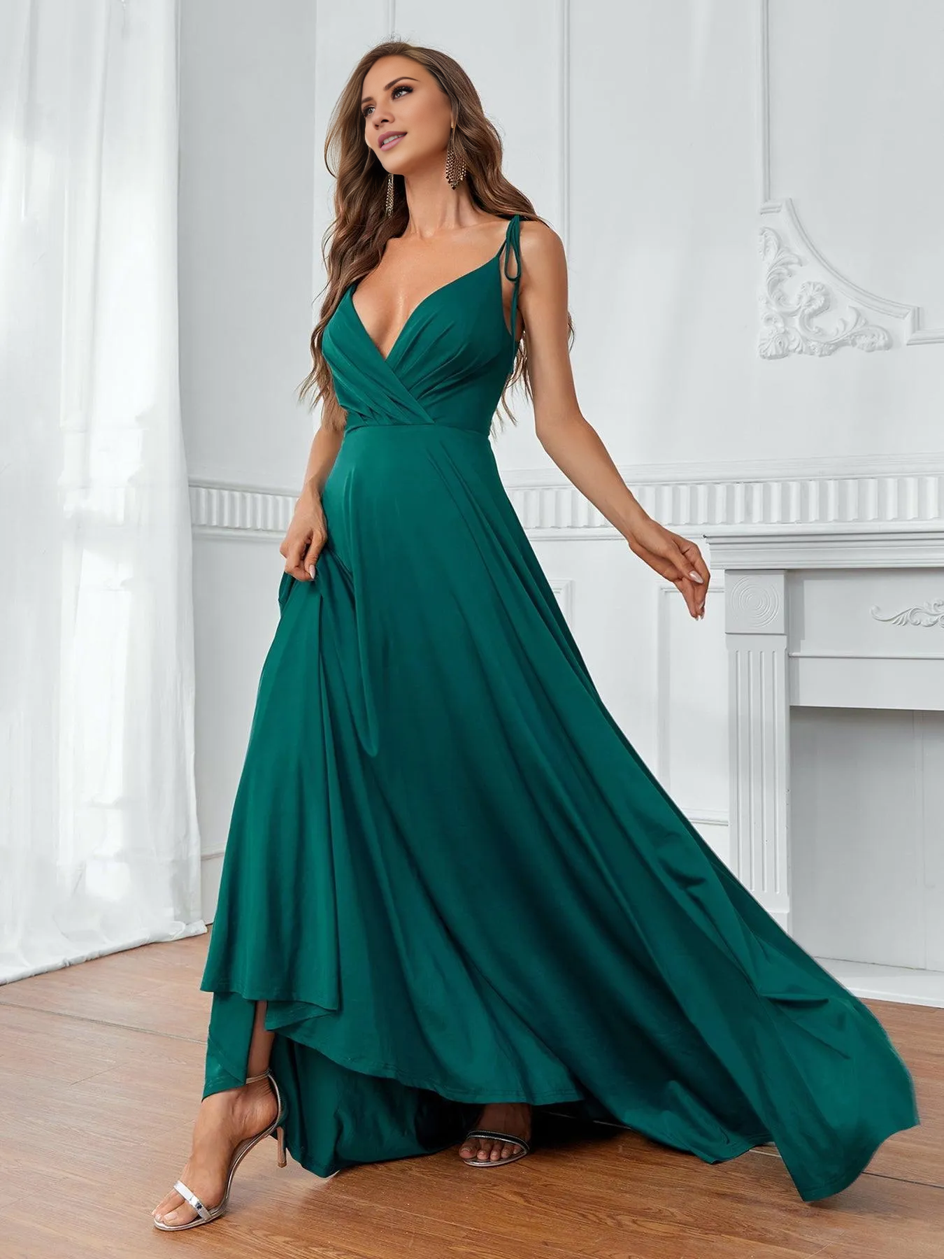 A-line off shoulder collar shoulder strap thin shoulder strap and floor length formal dress