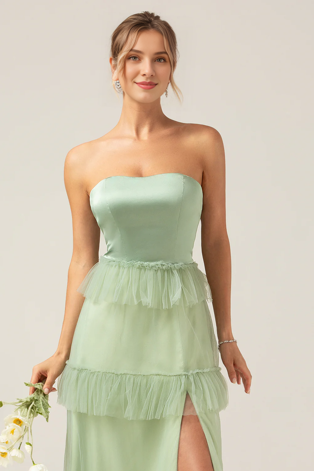 Matcha A-line layered strapless layered long slit bridesmaid dress